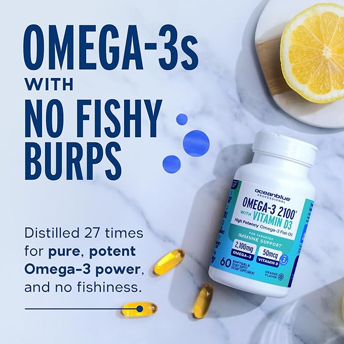 Oceanblue Professional Omega-3 2100 with Vitamin D3 120 ct - 2 Pack Triple Strength Burpless Fish Oil Supplement with High-Potency EPA DHA DPA and Vitamin D3 Wild-Caught Orange Flavor