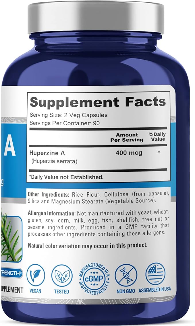 NusaPure Huperzine A 400mcg 180 Veggie Capsules (Vegetarian Non-GMO Vegan)