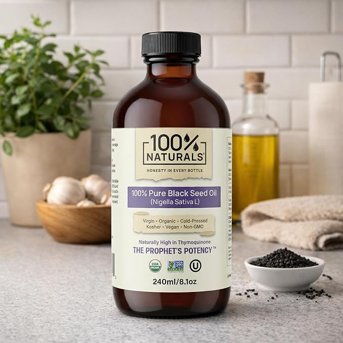 100% Naturals Pure Virgin Organic Black Seed Oil (8oz Glass Premium Bottle) - Cold-Pressed Nigella Sativa Oil with Natural Antioxidants High in Thymoquinone Chemical-Free Kosher Non-GMO