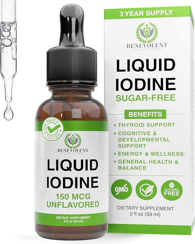 Liquid Iodine Drops – 1300 Servings Potassium Iodide for Thyroid Metabolism &amp Detox Support – 2X Absorption – 1 Year Supply – USA Made Gluten Free Vegan – 2 Fl Oz