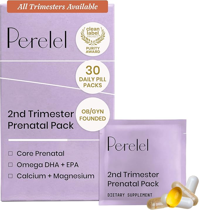 Perelel 2nd Trimester Prenatal Pack Multivitamin with Magnesium Omega 3 Iron &amp Calcium Nutritional Support for Second Trimester Wellness Soy &amp Gluten Free Non GMO 30 Daily Pill Packs