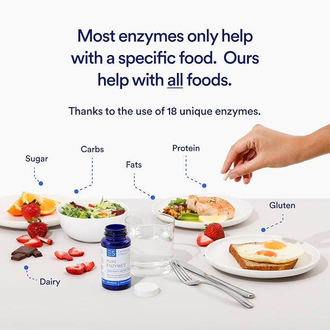 Essential Stacks Pure Digestive Enzymes (Gluten Dairy &amp Soy Free) - 18 Enzymes for Digestion incl. Amylase Lipase &amp Lactase - Vegetarian &amp Non-GMO (60 Capsules)