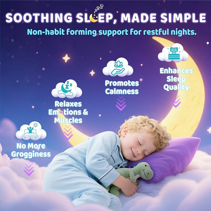 Kids Sleep Gummies NO Melatonin Sleep Aid Gummies w/ Magnesium Glycinate Magnesium Malate L-Theanine Lavender B6 Zinc D3K2 for Restful Sleep Relax Brain &amp Muscle Immune Support Non-GMO 1