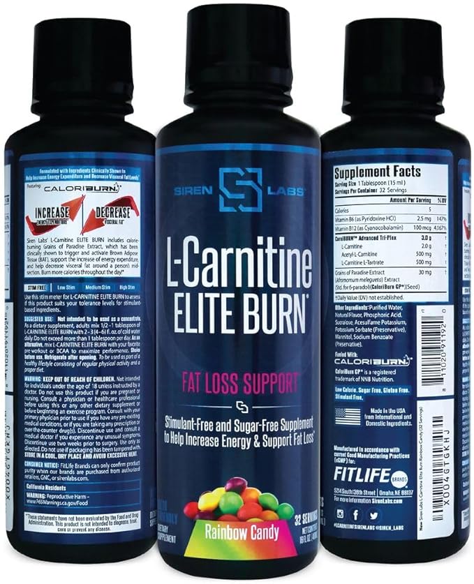 L-Carnitine Elite Burn Liquid Keto Fat Burner and Metabolism Activator - Fat Loss Support Keto Friendly Weight Loss Increase Energy-Stimulant Free - Rainbow Candy 3000mg (32 Servings)