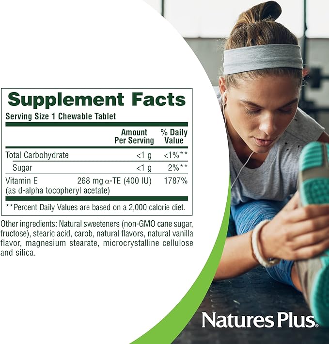 NaturesPlus Vitamin E 400 IU Natural Carob Flavor - 90 Chewables - Supports Immune Health - Free Radical Protection - Gluten Free Vegetarian - 90 Servings