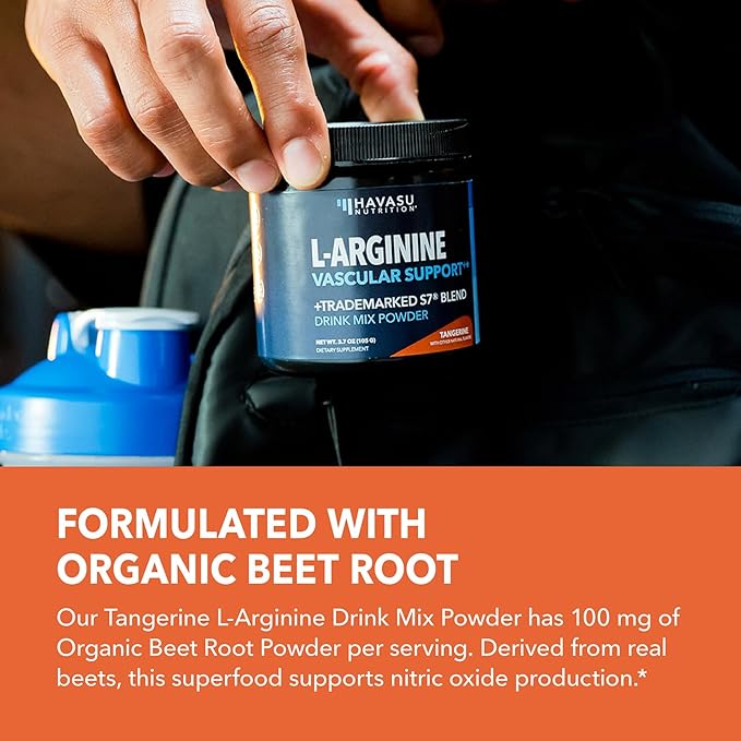 L-Arginine Powder - Nitric Oxide Supplement for Men and Women with L-Citrulline and Beet Root - Pre and Post Workout Support for Endurance and Recovery - Tangerine Flavor 1 Month Supply (30 Scoops)
