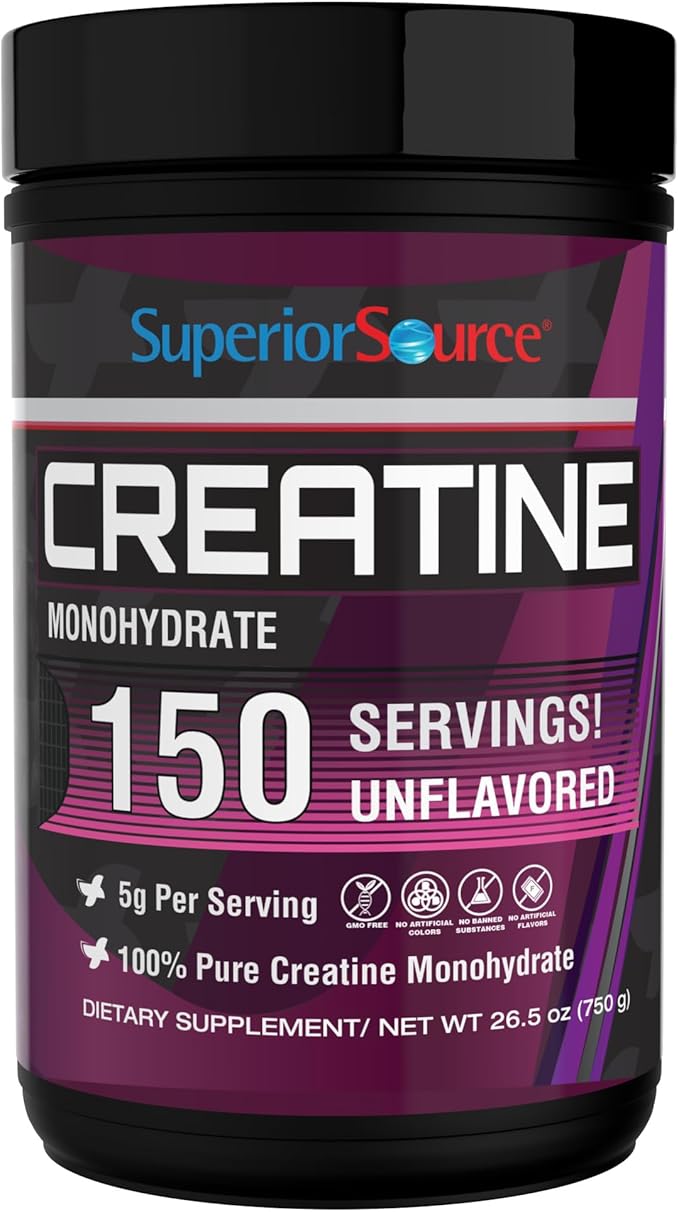 Superior Source Creatine Monohydrate 750G 5000mg Per Serv (5g) - 150 Servings 26.5 oz Muscle Growth Enhanced Strength Supports Post-Workout Recovery Ideal for High-Intensity Training Non-GMO