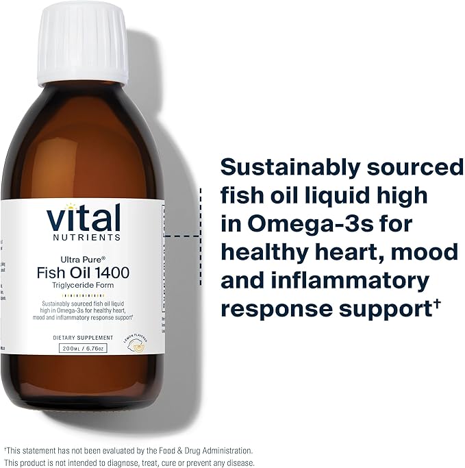 Vital Nutrients - Ultra Pure Fish Oil 1400 (Pharmaceutical Grade) - Deep Sea Liquid Fish Oil Cardiovascular Support Natural Lemon Flavor - 200 ml per Bottle