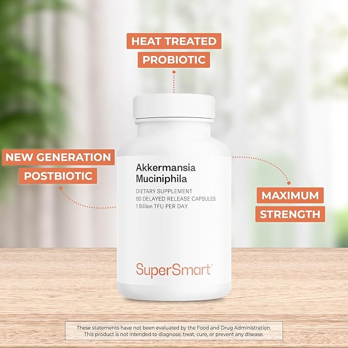 Supersmart Akkermansia Muciniphila 1 Billion TFU per Day (Pasteurized Probiotic) - Enhanced Absorption - Postbiotic Supplement | Non-GMO &amp Gluten Free - 60 Delayed Release Capsules