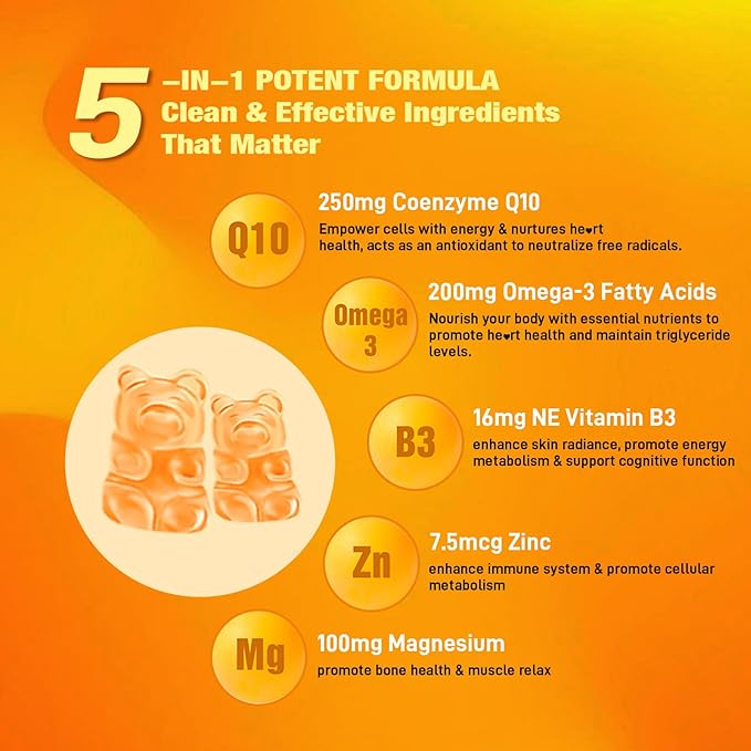 2 Pack CoQ10 Gummies Plus Omega-3 Vitamin B3 and Zinc Magnesium 5X High Absorption Coenzyme Q10 Supplements q10 for Boost Cellular Energy Potent Antioxidant &amp Brain Peach Flavor 120 Cts