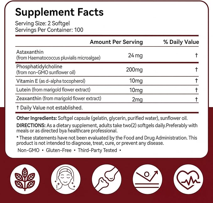 GBN Astaxanthin Supplements 24mg 200 Softgels Supports Eye Skin Joint Brain Heart &amp Immune System Health Stamina &amp Healthy Aging for Women &amp Men Fresh Microalgae Source