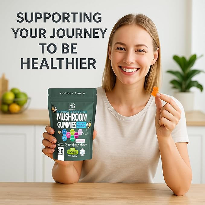 Organic Ashwagandha &amp Lions Mane Mushroom Gummies - Reishi Cordyceps Turkey Tail Maitake Shitake &amp Chaga Immune Support &amp defense Brain Boost Vegan All-in-One Superfood supplement