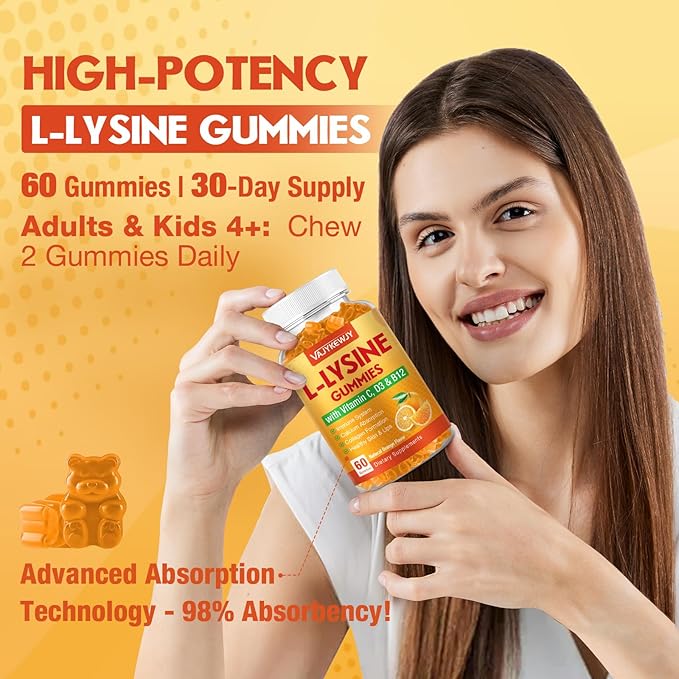 L-Lysine Gummies 1000 mg for Immune Support Delicious Orange Flavor Vegan Non-GMO Gluten-Free – 120 Count