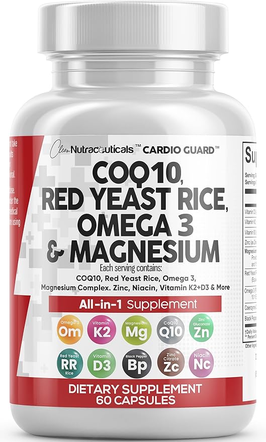 Clean Nutraceuticals COQ10 200mg Red Yeast Rice Omega 3 Magnesium Complex 500mg Niacin Zinc Vitamin K2 D3 - Heart Support Vitamins for Women &amp Men w/Vitamin B3 Coenzyme Q10-60 Ct