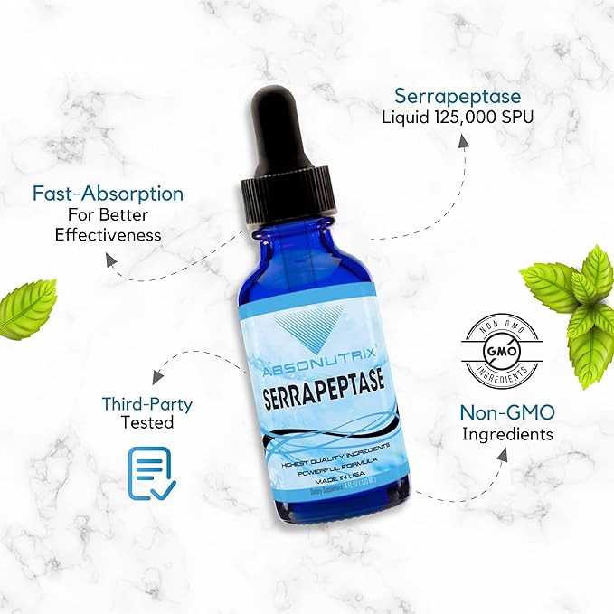 Absonutrix Serrapeptase Enzyme 583mg 4 Fl oz 250000 spu per Serving 120 Servings High Bioavailability Quick Absorption GMP-Certified Non-GMO Plant Based Made in USA