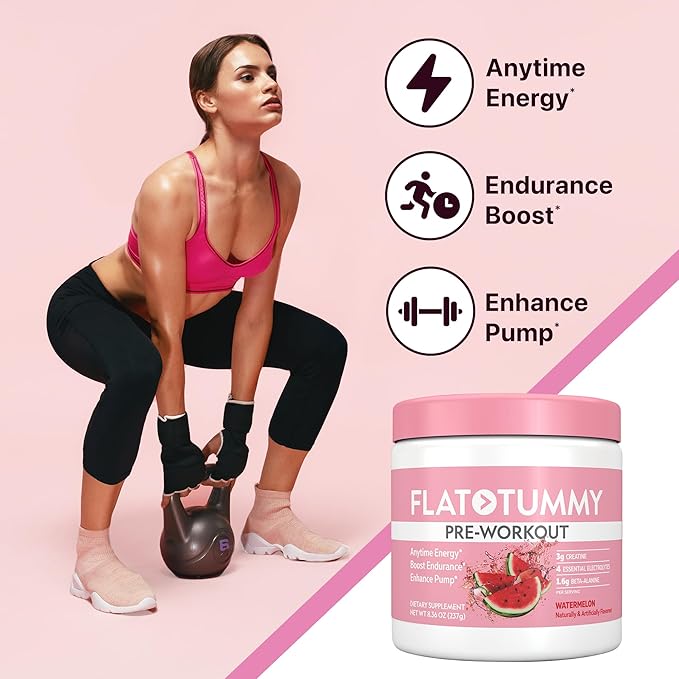 Flat Tummy Pre Workout Powder for Women – Energy Endurance and Muscle Support with 3g Creatine 1.6g Beta-Alanine Electrolytes – Watermelon Flavor – 30 Servings