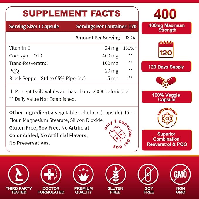 ZEBORA CoQ10-400mg with Trans-Resveratrol PQQ &amp Vitamin E - High Absorption Coenzyme-Q10 with BioPerine - Powerful Antioxidant for Heart &amp Energy-Production120 Veggie Capsules