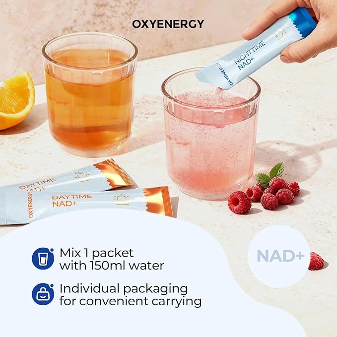 OxyEnergy NAD Supplement 1550 mg-Daytime Nicotinamide Riboside + Nighttime L-Tryptophan with Resveratrol Glutathione PQQ 24-Hour Nonstop Energy Anti-Aging &amp Cellular Renewal 28 Packets