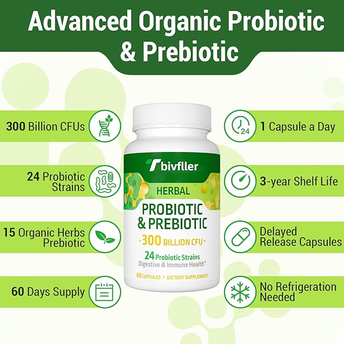 Probiotics for Women Men- 300 Billion CFU 24 Strains Probiotic+15 Organic Herbs Prebiotics Blend Pre and Probiotics for Digestive Health Immune &amp Gut Diarrhea Bloating Vegan 2 Month Supply