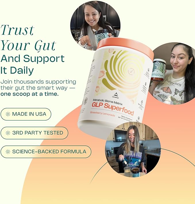 LevelUp® GLP Superfood – with Akkermansia Probiotic Prebiotics Postbiotics Digestive Enzymes &amp Polyphenols | Fiber-Powered Gut Drink | Keto Vegan Zero Sugar (Strawberry Lemonade)