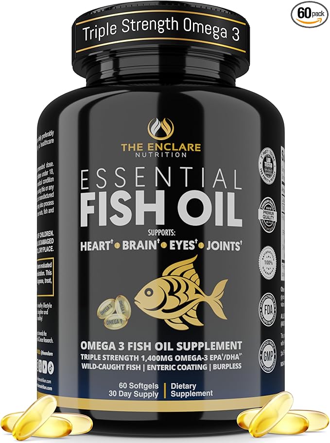 Fish Oil Supplement Omega 3 for Women &amp Men – Triple Strength 1400mg Omega-3 EPA/DHA - Burpless Wild-Caught Omegas 3-6-9 for Heart Brain Eye &amp Joint Support – 60 Softgels