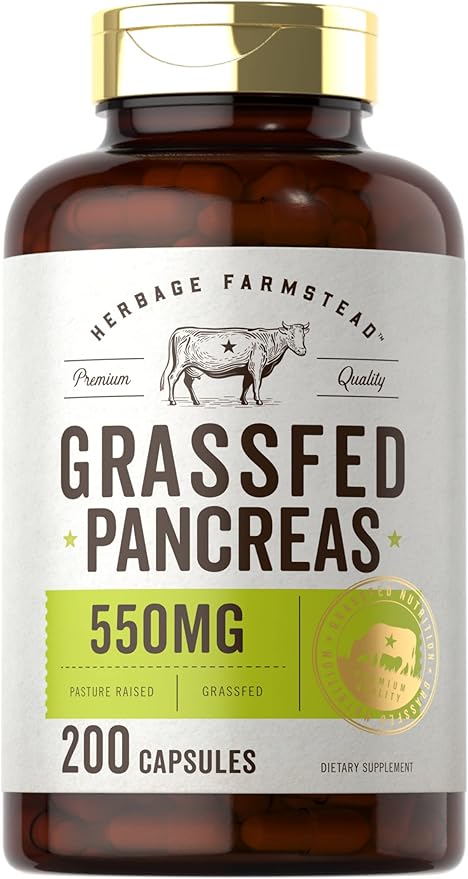 Carlyle Grass Fed Beef Pancreas | 550mg | 200 Capsules | Desiccated Pasture Raised Bovine Supplement | Non-GMO Gluten Free | by Herbage Farmstead