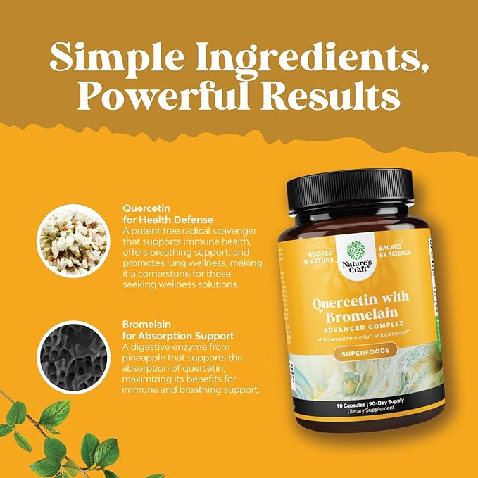 Pure Quercetin with Bromelain Supplement for Immunity - High Potent Antioxidant Bromelain Quercetin Supplement for Respiratory &amp Heart Health Breathe &amp Joint Support - Nutritional Complex - 90