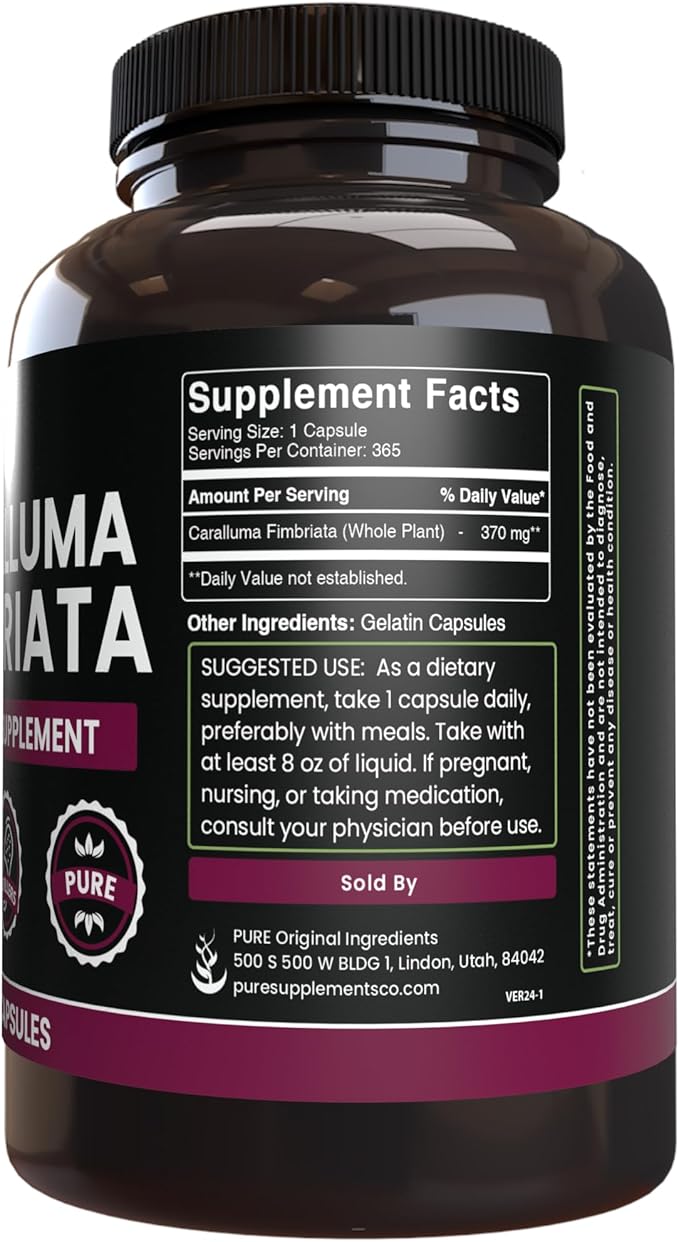 PURE ORIGINAL INGREDIENTS Caralluma Fimbriata (365 Capsules) No Magnesium Or Rice Fillers Always Pure Lab Verified