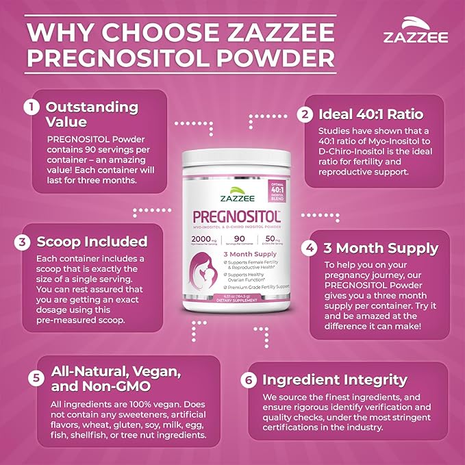 Zazzee PREGNOSITOL Powder 3 Month Supply Myo-Inositol and D-Chiro-Inositol 40:1 Fertility Blend Free Scoop for Exact Dosage Premium Balanced Formula 90 Servings Vegan All-Natural and Non-GMO