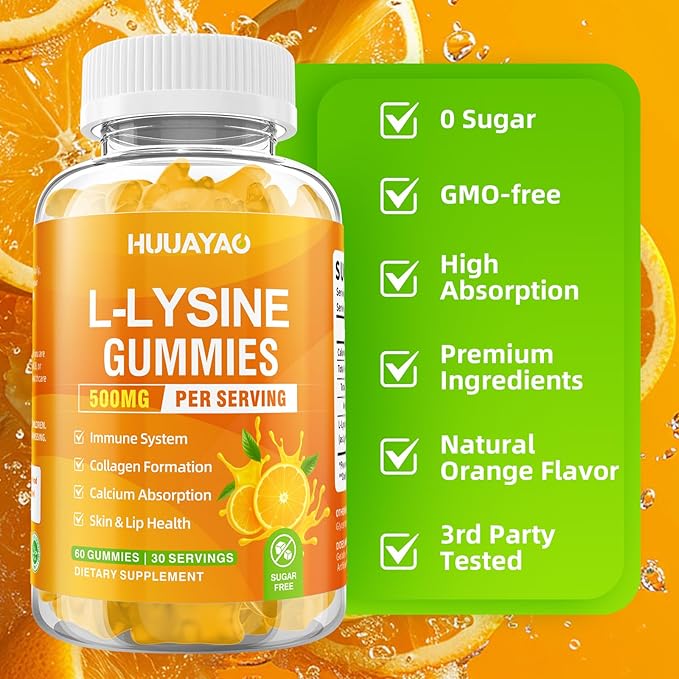L-Lysine Gummies 500mg Lysine Gummies Supplement for Immune Support &amp Skin Health Collagen Formation Support Vegan Gluten Free Chewable Supplement for Adults &amp Kids Orange Flavor 120 Cou
