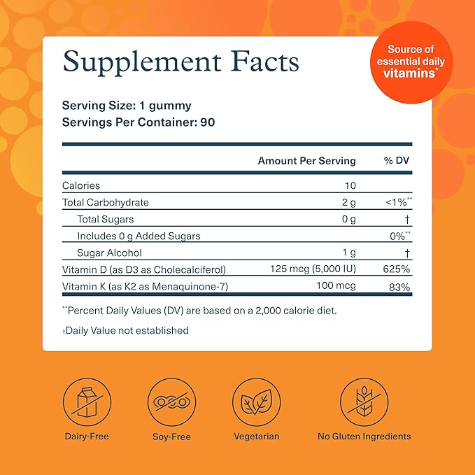 Youtheory K2D3 - Immune Bone &amp Heart Health Support - Combines Vitamin D3 &amp Vitamin K2 - Dairy Soy &amp Gluten Free - 90 Vegetarian Capsules