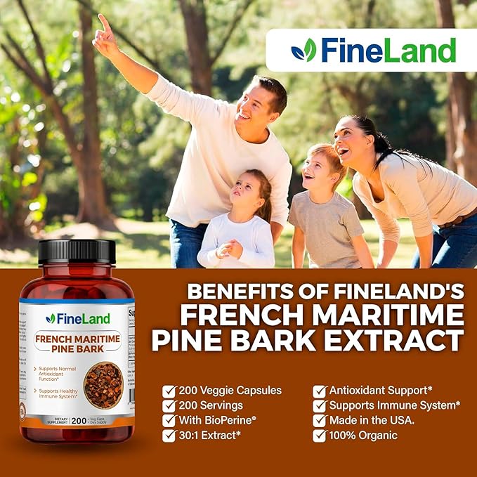 FineLand French Maritime Pine Bark 30:1 Extract Max Strength 450 mg Per Serving Antioxidant 200 Veggie Caps of Pine Bark Supplement for 200 Days 100% Natural
