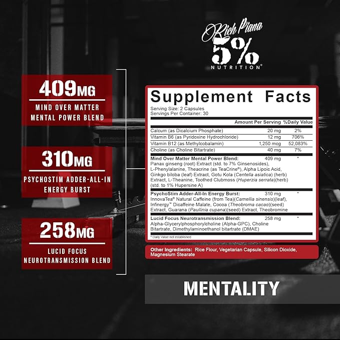 5% Nutrition Rich Piana Mentality Nootropic Blend | Brain Booster Supplement for Performance Memory Mental Clarity | Ginseng Ginkgo L-Theanine Choline Huperzine 60 Capsules (30 Day Supply)