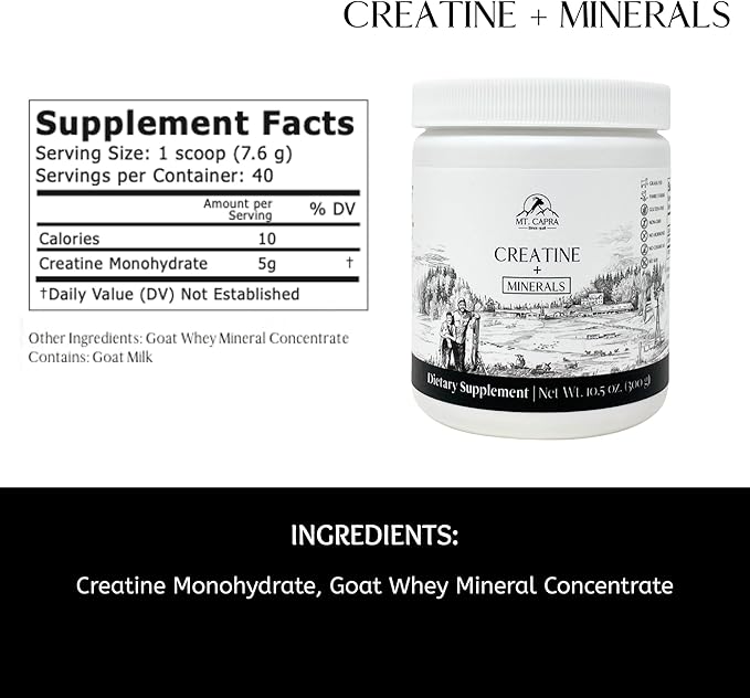 Mt. Capra Creatine + Minerals | 5 g Creatine Monohydrate with Goat Whey Mineral Concentrate | Enhance Hydration and Cellular Performance | 40 Servings
