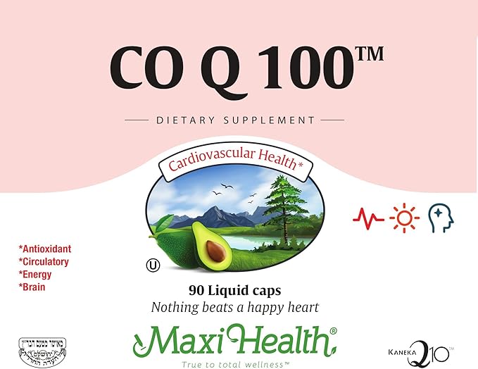 Maxi Health COQ10 100mg Capsules – 100mg Coenzyme Q10 for Heart &amp Energy Support – Kosher Certified CO Q 10 Supplement – Non-GMO and Gluten-Free Heart Health Supplements - 90 Liquid Capsules