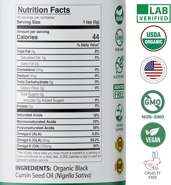 Mother Nature USDA Organic Black Seed Oil High TQ 2% Cold Pressed Unrefined Nigella Sativa Omega 3 6 9 for Immune Joint &amp Heart Support Hair &amp Skin Non-GMO Glass Bottle (8oz)