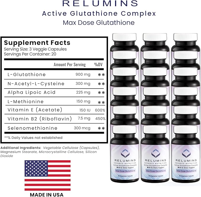 Relumins Advance White Active Glutathione Complex - Max Dose 900mg Glutathione with 6X Boosters ALA &amp NAC - Inner Glow Mother's Day Wellness Anti-Aging &amp Skin Supplement - 60 Caps x 30 Bottle