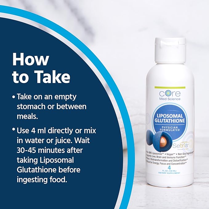 Core Med Science Liposomal Glutathione Supplement - (500mg 4 Fl Oz) - High-Absorption Glutathione for Antioxidant &amp Liver Detox Support with Pure Reduced Setria - Daily Use for Immune Function