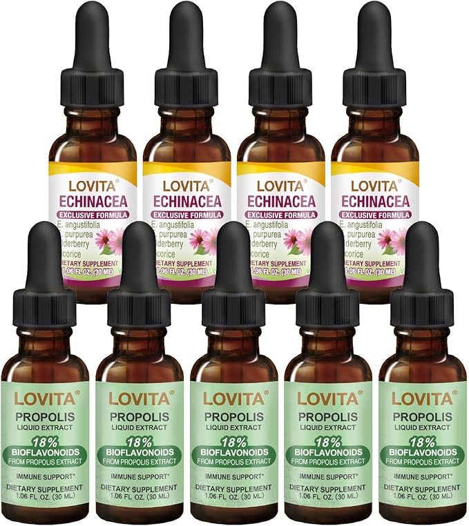 LOVITA Ultimate Herbal Bundle - 5 Propolis &amp 4 Echinacea Drops 18% Bioflavonoids Non-GMO Alcohol-Free Defense Kit (9 Pc Set)