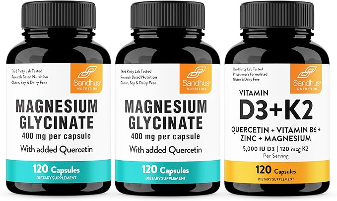 Sandhu's Magnesium Glycinate &amp Vitamin D3 K2 with Quercetin Capsules | Supports Quality Sleep Relaxation Immune Muscle Health &amp Energy
