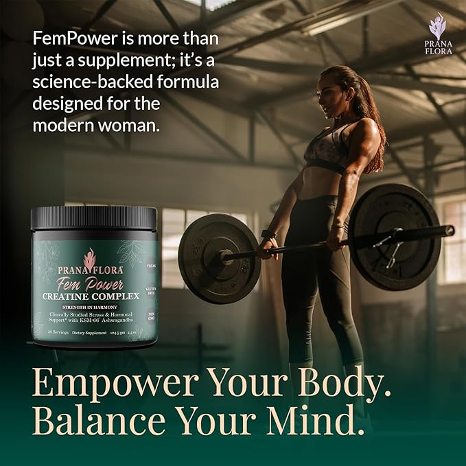 FemPower Creatine for Women - Micronized Creatine Monohydrate with KSM-66 Ashwagandha for Strength Brain Health and Hormonal Balance - Unflavored 30 Servings