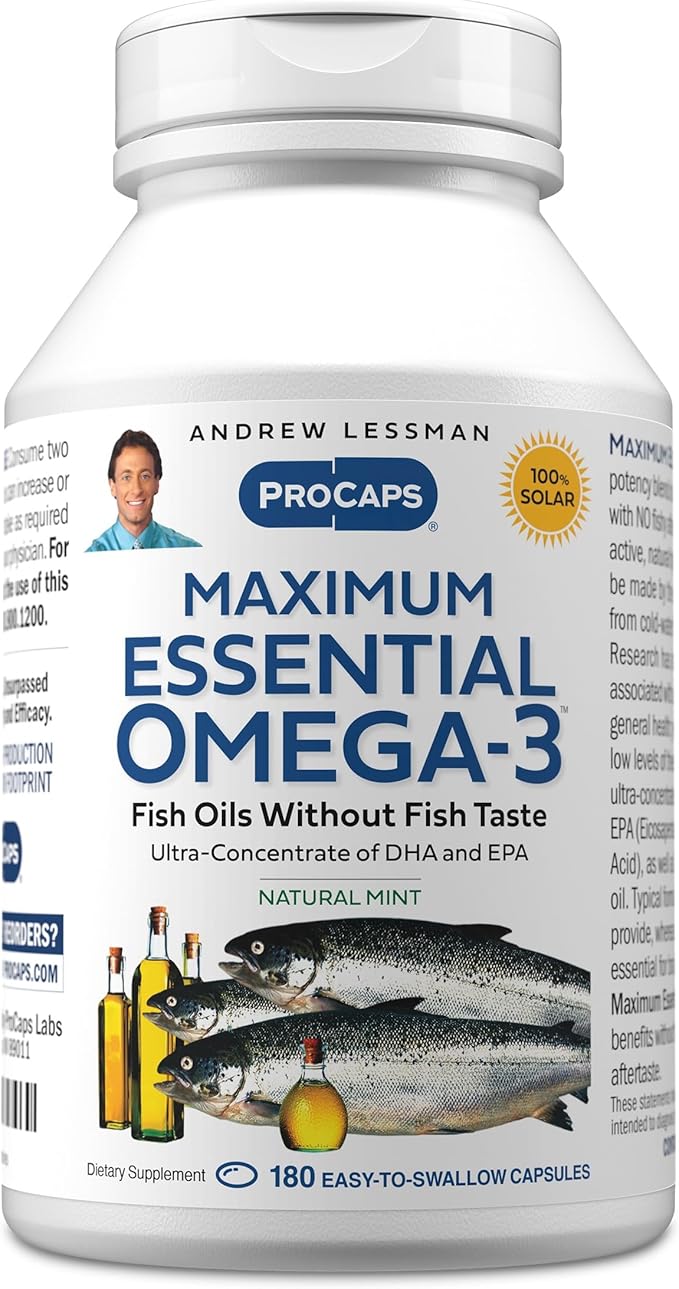 ANDREW LESSMAN Maximum Essential Omega-3 Mint - 180 Softgels - Ultra-Pure High Potency Omega-3 Oils. High DHA No Stomach Upset No Contaminants No Mercury. Small Easy to Swallow Softgels