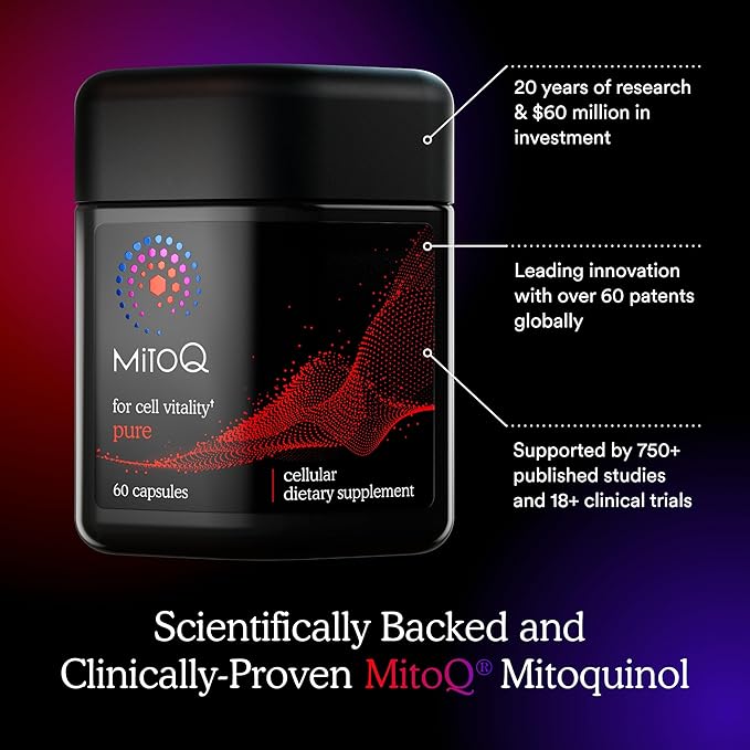 MitoQ Pure Advanced Mitochondria Supplement Superior Bioavailability to CoQ10 | Reduces Free Radical Damage for Healthy Aging Metabolism Heart Health Energy Strength &amp Mobility