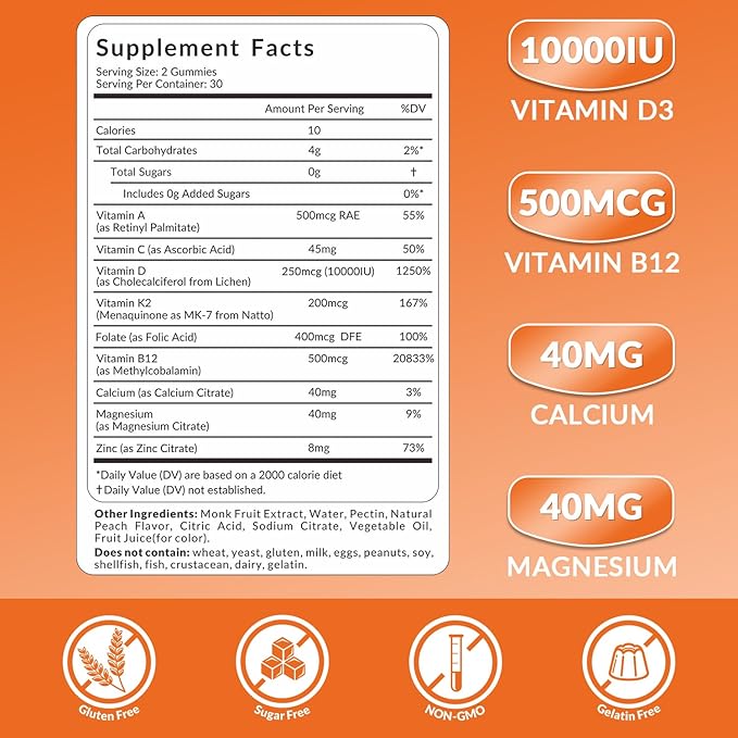 WEEVIT Vitamin D3 B12 Gummies Vitamin D 10000IU &amp 500mcg Methyl B12 with Vitamin A C K Calcium Magnesium Zinc for Women &amp Men Support Eye Bone Energy