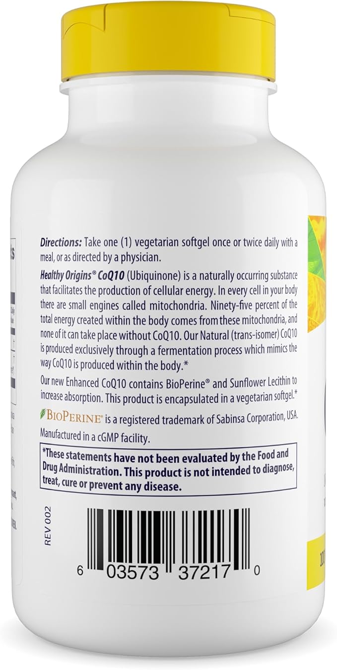 Healthy Origins Natural Enhanced CoQ10 (BioPerine®) 100 mg - Heart Health &amp Energy Supplement - Gluten-Free &amp Non-GMO Supplements with BioPerine &amp Sunflower Lecithin ((Pack of 1) 150 Veg