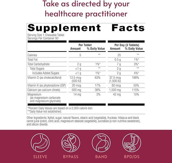 Bariatric Advantage Calcium Citrate Chewable 500 mg - for Bariatric Surgery Patients - High-Potency Easy-Digest Tablets - Calcium Citrate - Bone Strength Supplements* - 90 Count - Wild Cherry
