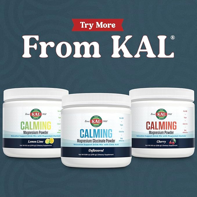 KAL Calming Magnesium Glycinate Powder Plus Citric Acid - Unflavored - Nervous System Bone and Relaxation Support Drink Mix - No Sugar - 60-Day Guarantee 40 Servings 8.5 OZ