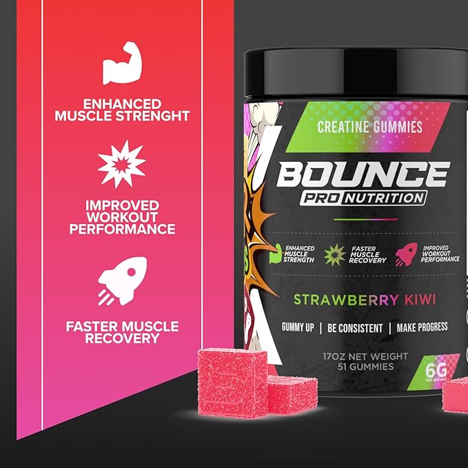 Bounce Pro Creatine Monohydrate Gummies for Men &amp Women Low Calorie 6G of Creatine per Serving Vegan Anti-Melting Gluten-Free Non-GMO (51 Count (Pack of 1) Strawberry Kiwi)