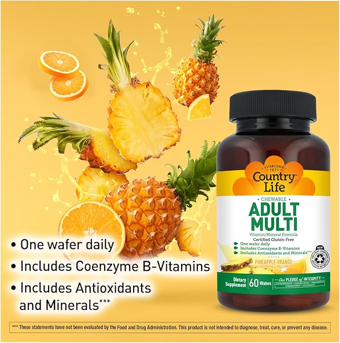 Country Life Adult Chewable Multivitamin with Coenzyme B-Vitamins Antioxidants Minerals Pineapple-Orange Flavor - Supports Energy Metabolism and Immune Health Gluten Free - 60 Wafers