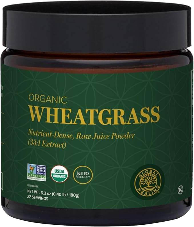 Global Healing Wheat Grass Powder Organic 180g - Nutrient-Dense Raw Wheatgrass Juice Powder (33:1 Extract) with Strong Antioxidants for Immune Support &amp Energy Boost - Cold-Process Non-GMO - 6.3